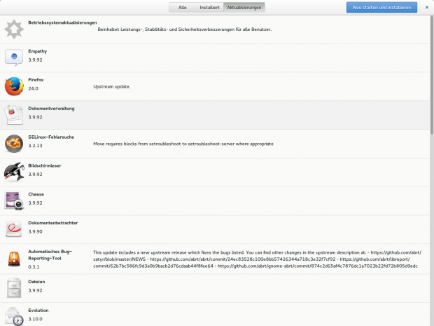 Aktualisierungen samt Beschreibung